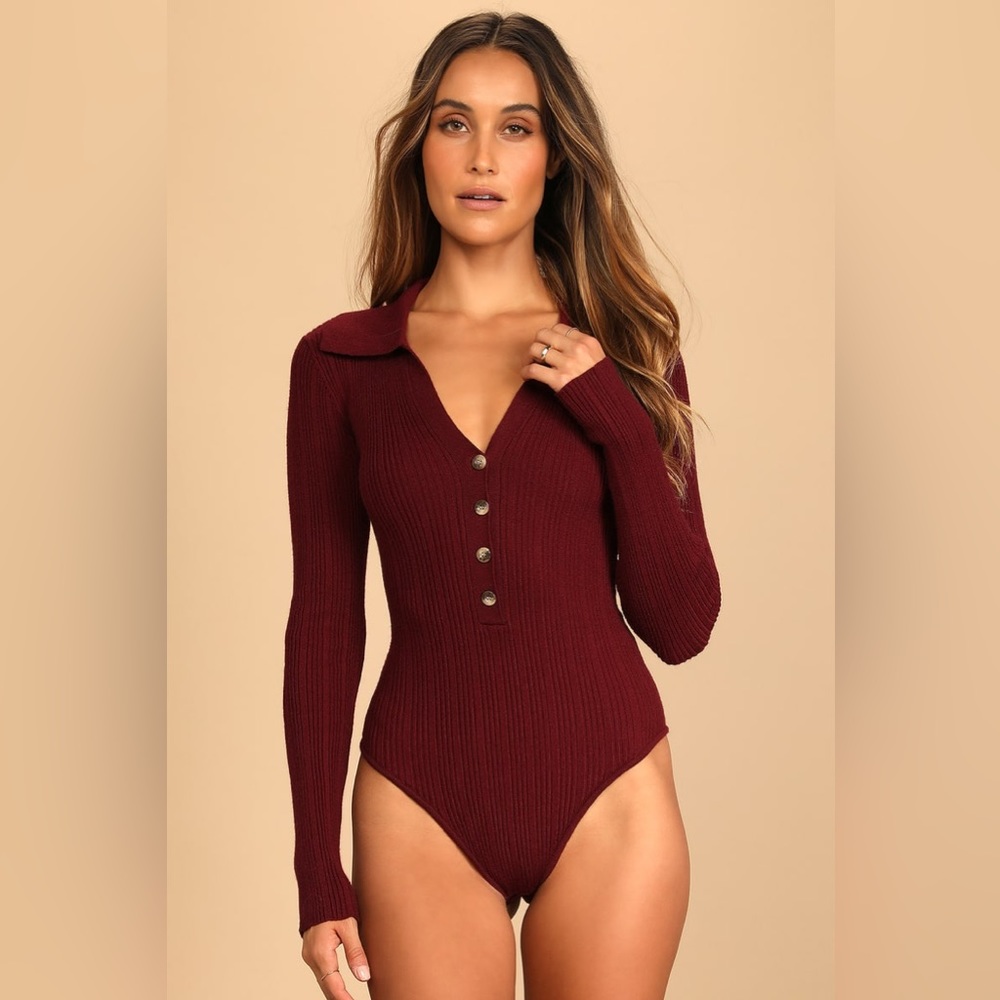NWT Lulu’s Burgundy Ribbed Button-Up Long Sleeve Bodysuit